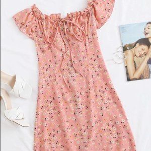 Pink Tie Front Floral Dress